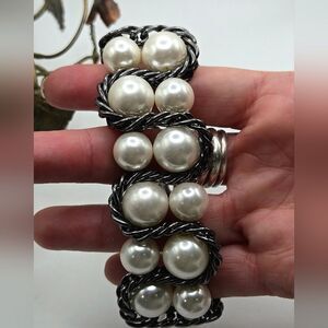 "5/$25" Large Faux Pearl Gunmetal Adjustable Statement Bracelet
